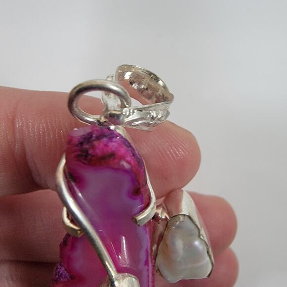 Handmade Silver Pendant with Pink Agate, Garnet & Pearl Accent - Picture 8 of 10